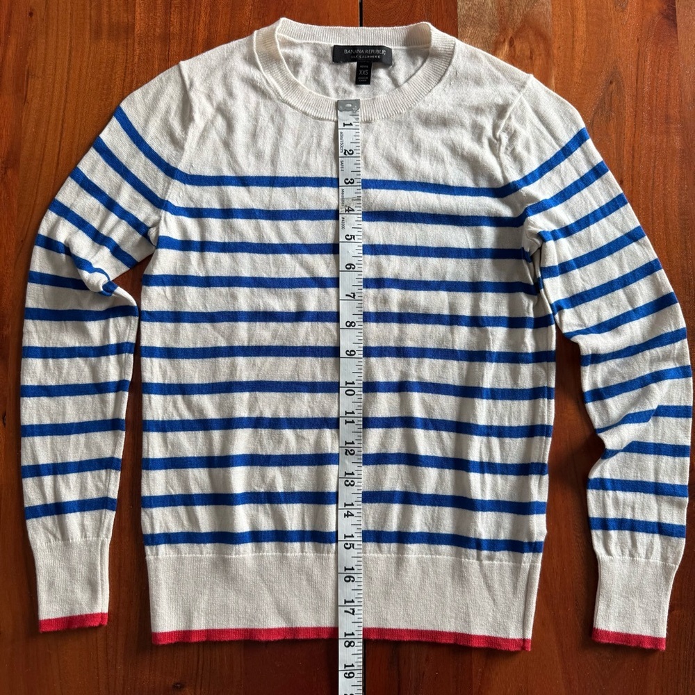 Banana Republic Blue and Cream Striped Crewneck Sweater with a Fun Pop of Red - Picture 5 of 8